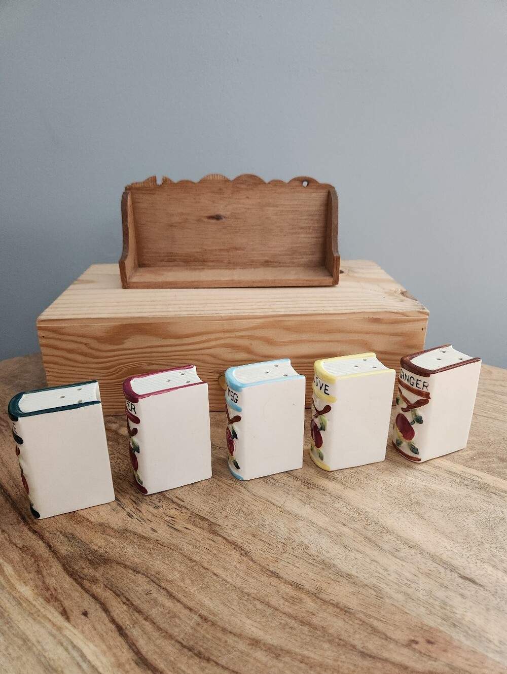 Vintage Ceramic Book Shaped Spice Jar Set with Wooden Rack - Incomplete Set - Picture 10 of 16